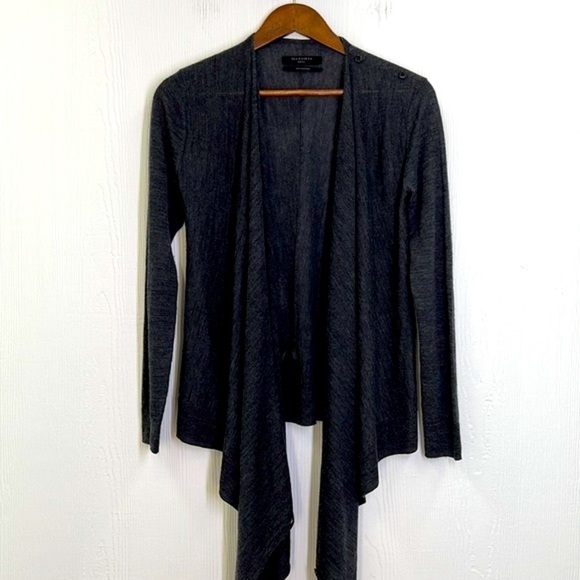 All Saints - 100 % Grey Merino Wool Button Shoulder Light Wrap Cardigan Small - Picture 5 of 12